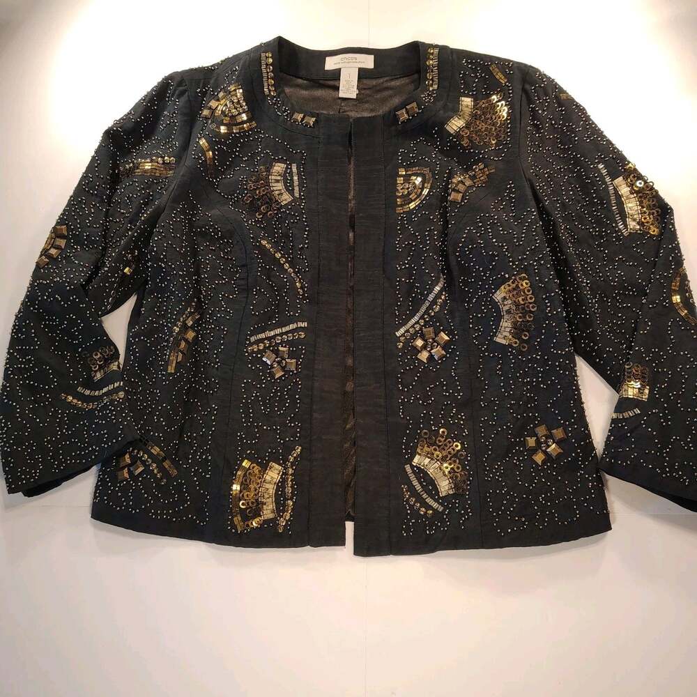 Chicos Black Gold Beaded Sequin Jacket Womens Size 1 Art Deco Evening Glam